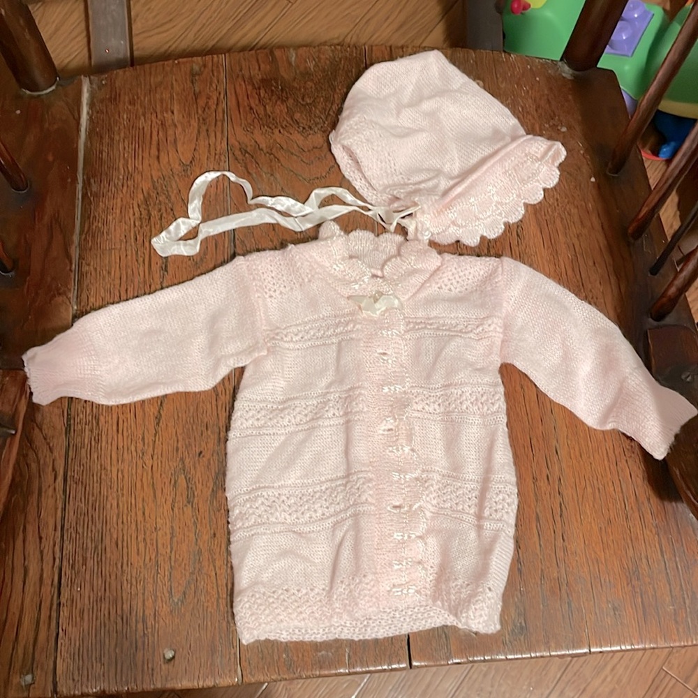 Never used Heidi pink sweater & bonnet